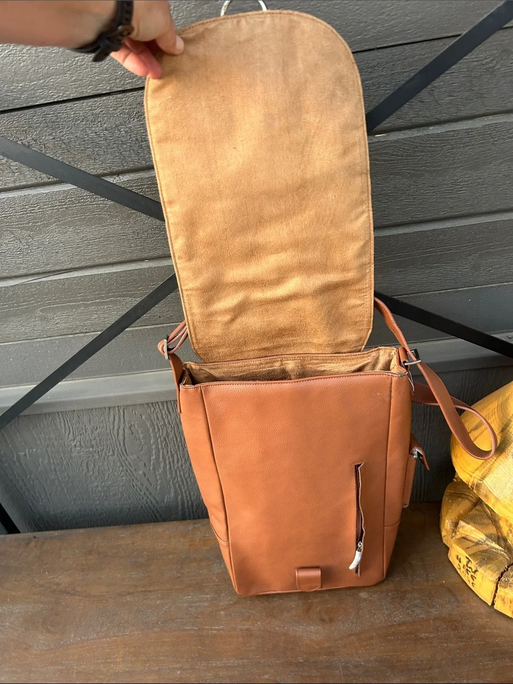 Primewear Women's Tan Leather 2 Wine Bottle Backpack with corkscrew